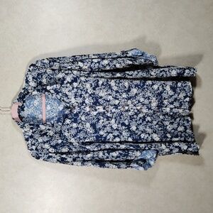 04093 John Mark navy w/green floral eyelet 3/4 sleeve blouse XL